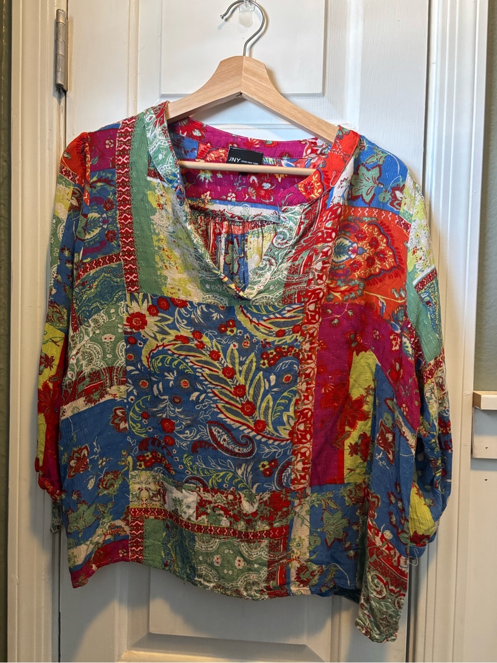 JNY Collection 1X Multicolor Patchwork Boho V-Neck Tunic Top